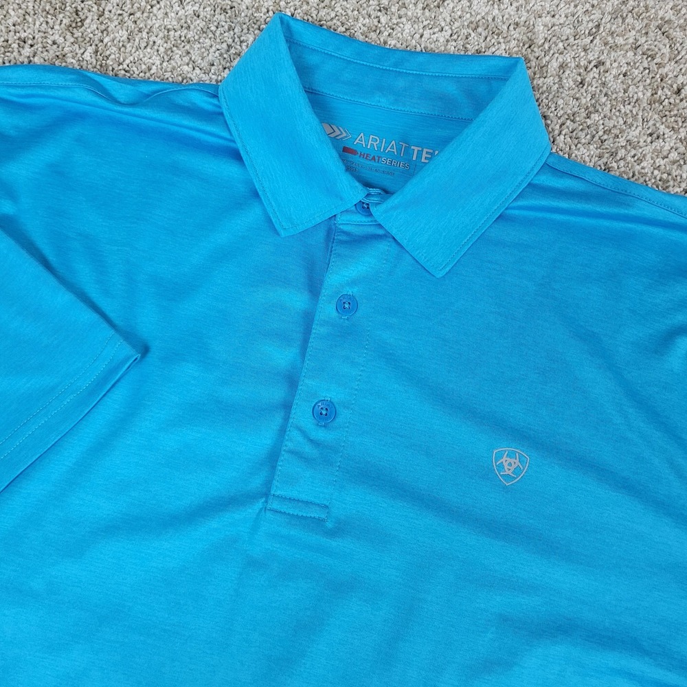 Ariat Tek‎ Heat Series Mens Medium Solid Blue Performance Stretch Polo SS